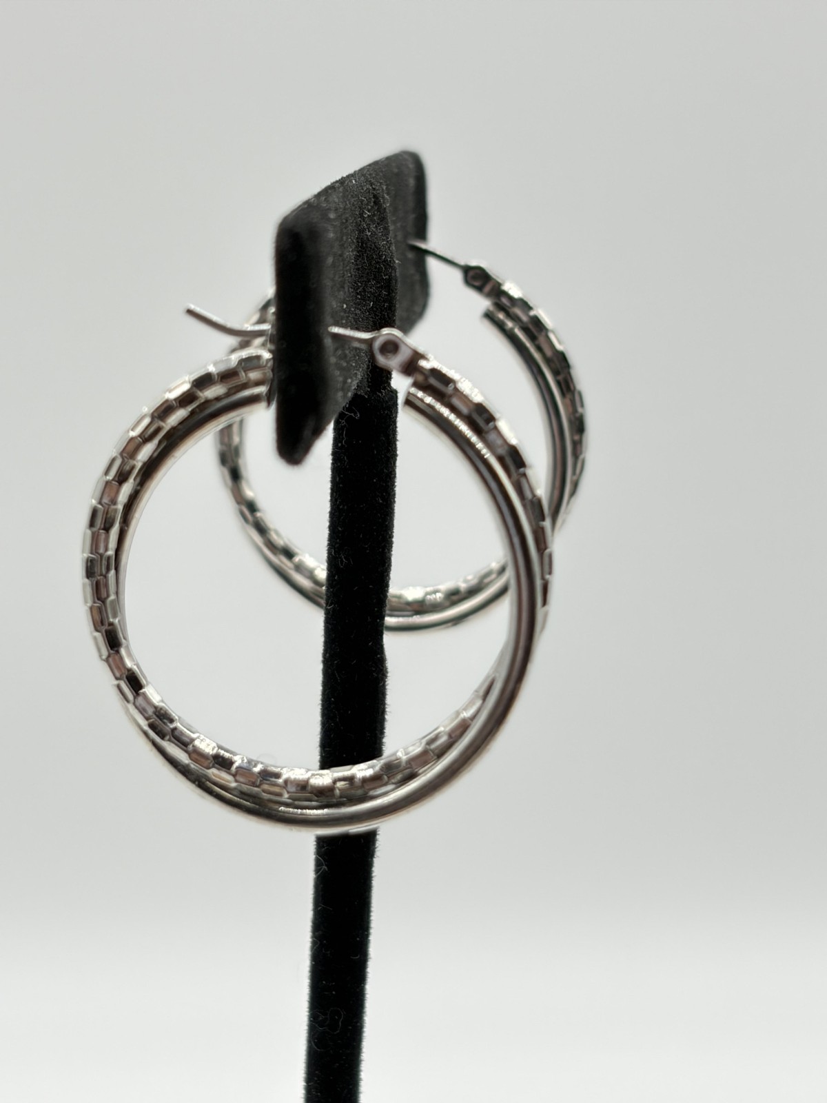 Silver Tone Double Hoop Earrings Women Medium Textured Diamond-Cut Latch Back