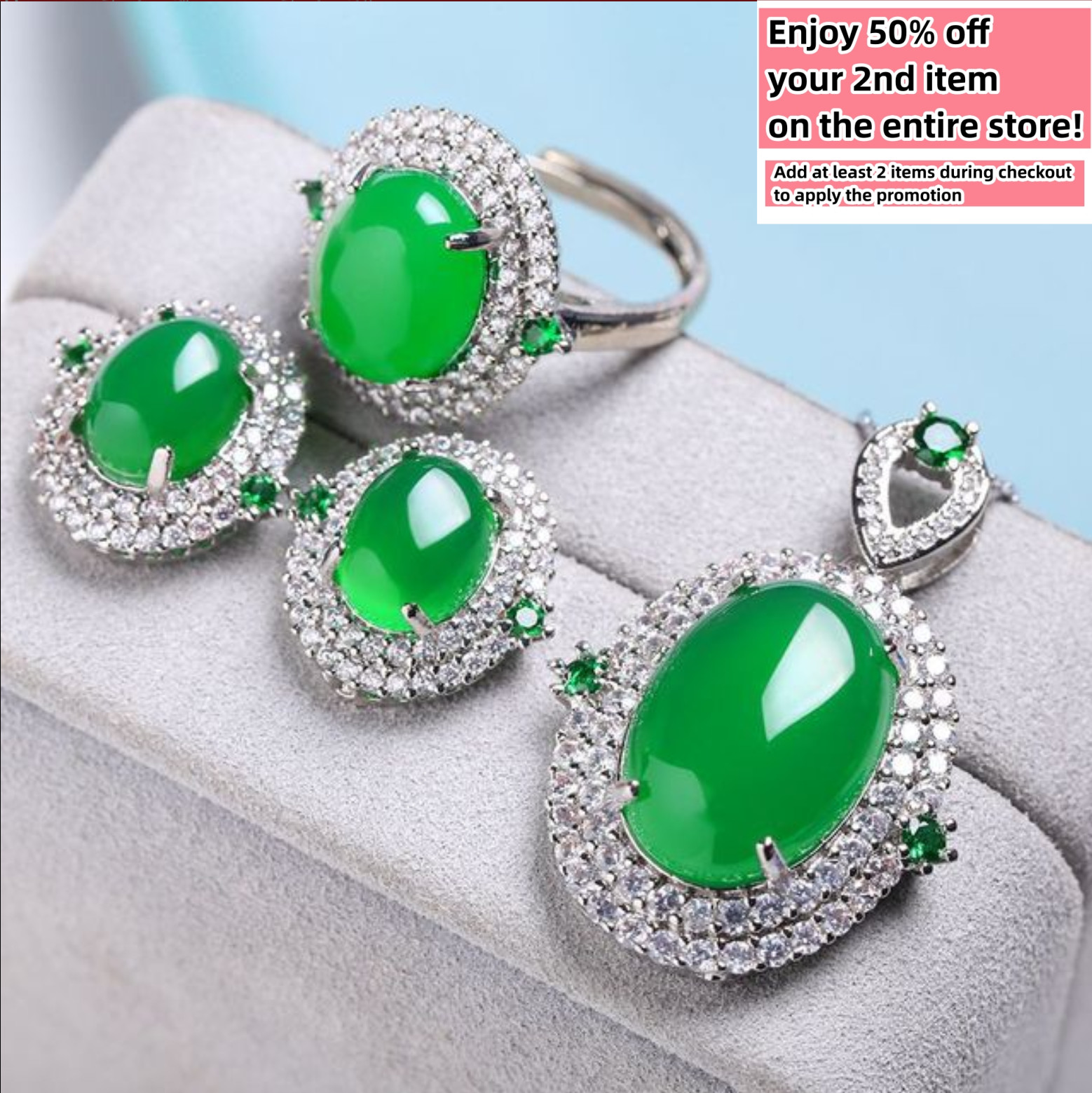Jade Jewelry 4 Set Earrings Ring Pendant Necklace Charm 18K White Gold Plated
