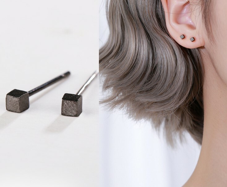 Black 3mm Tiny Brushed Cube Square Stud Earrings 925 Sterling Silver Set PE18