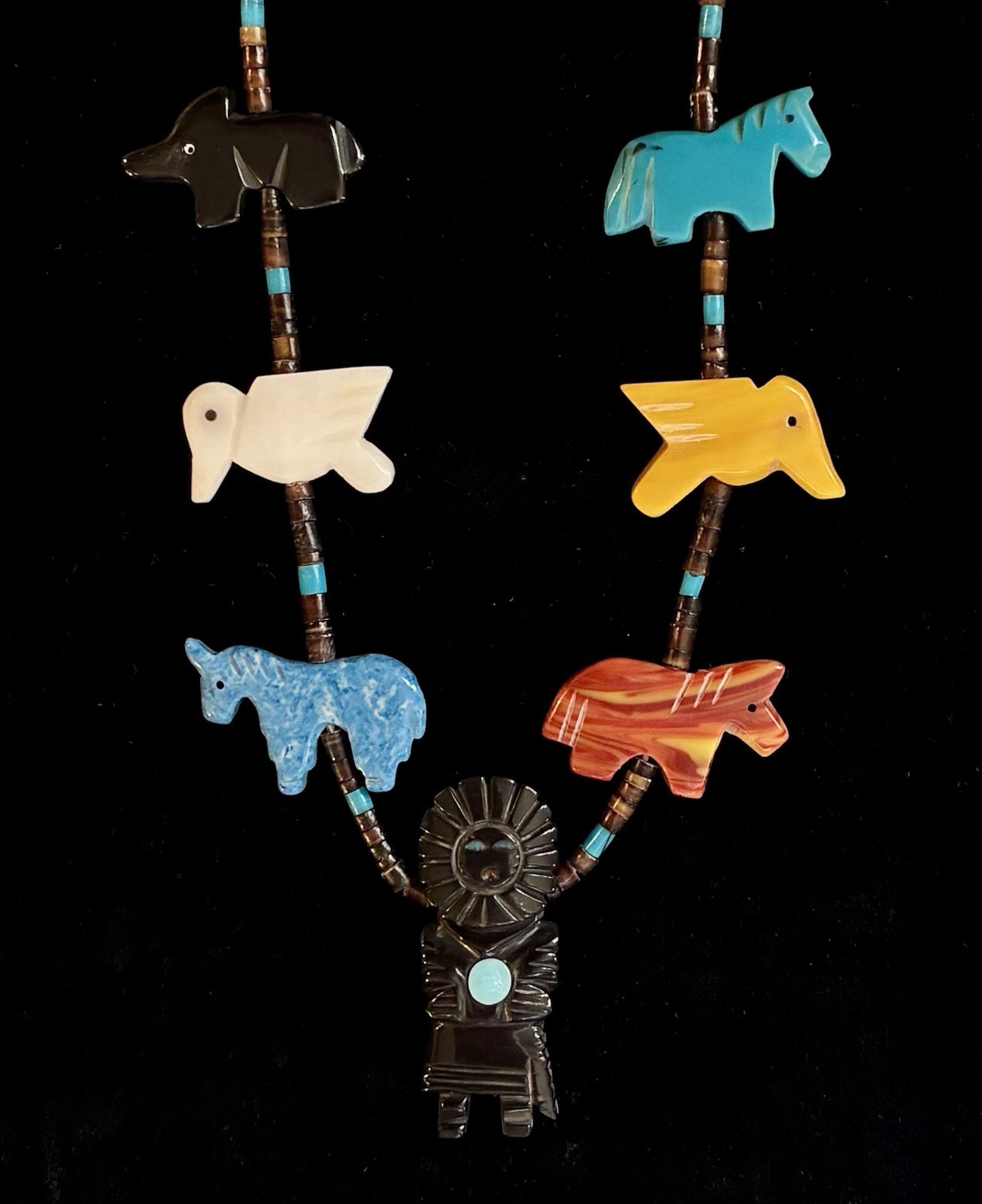 VINTAGE 15 KACHINA ANIMAL FETISH NECKLACE GEMSTONE SILVER SOUTHWESTERN TURQUOISE
