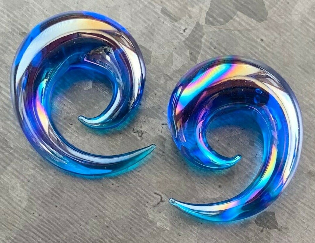 PAIR Blue Lucifer Glass Spiral Tapers Expanders Plugs Gauges Body Jewelry