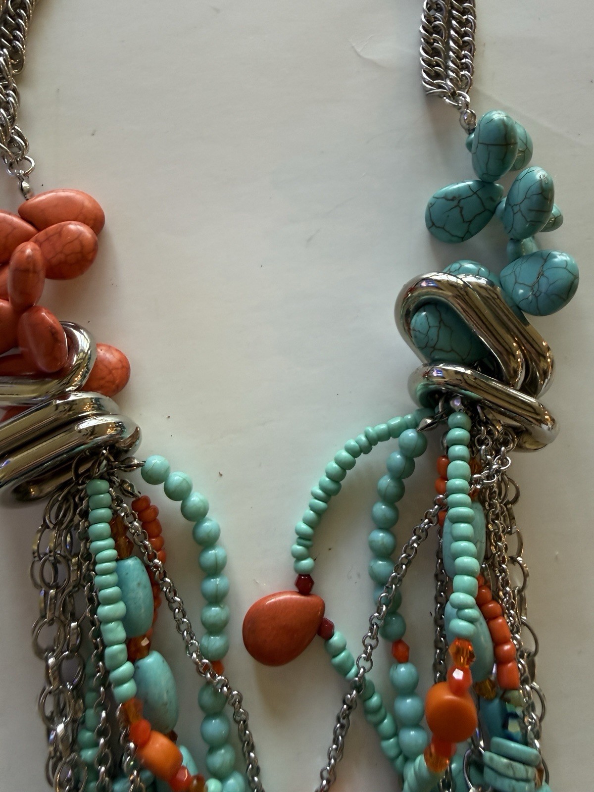 Turquoise & Coral Beaded Multi-Strand Layered Statement Necklace Lobster