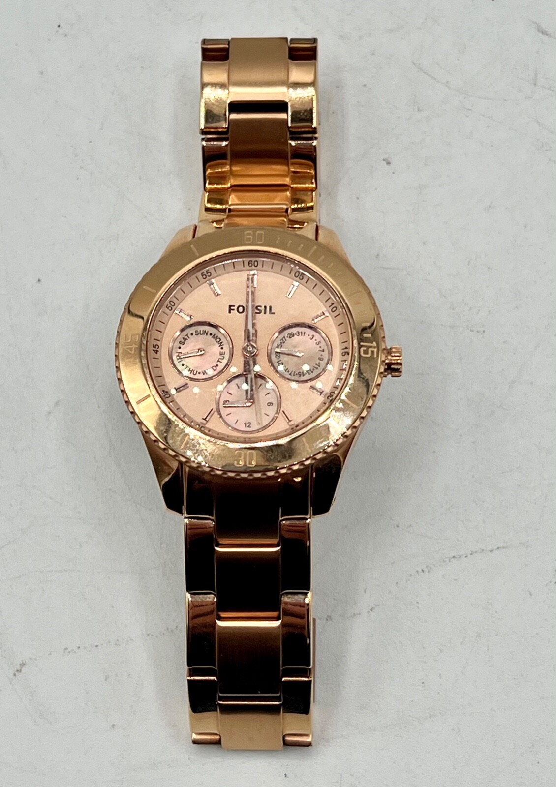 Fossil Stella Watch Women Rose Gold Tone Day Date ES-2859 New Battery 37mm