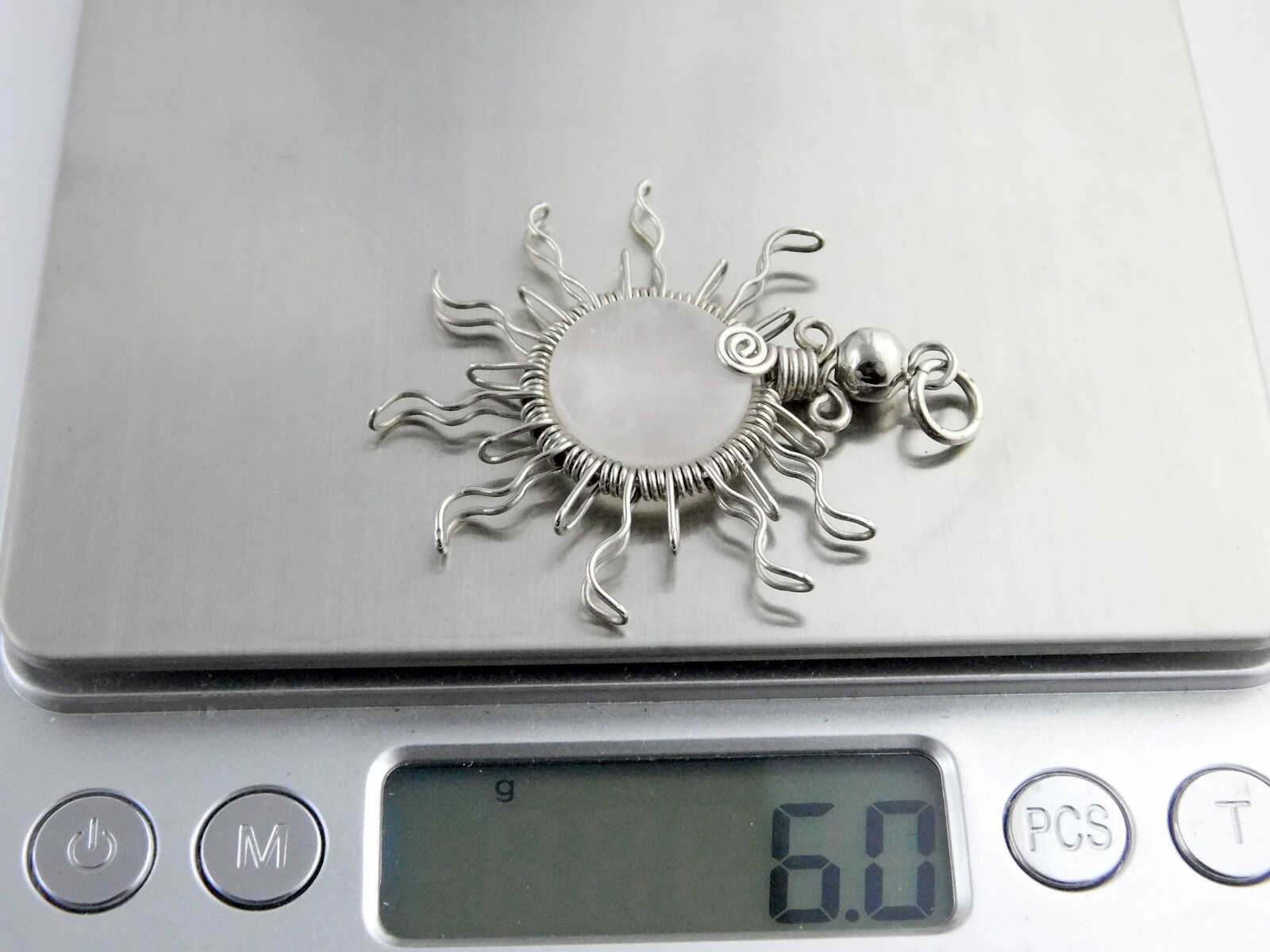 Unmarked Silvertone Metal and Wire Wrapped Quartz Sun Pendant 1.75 Inches 6g