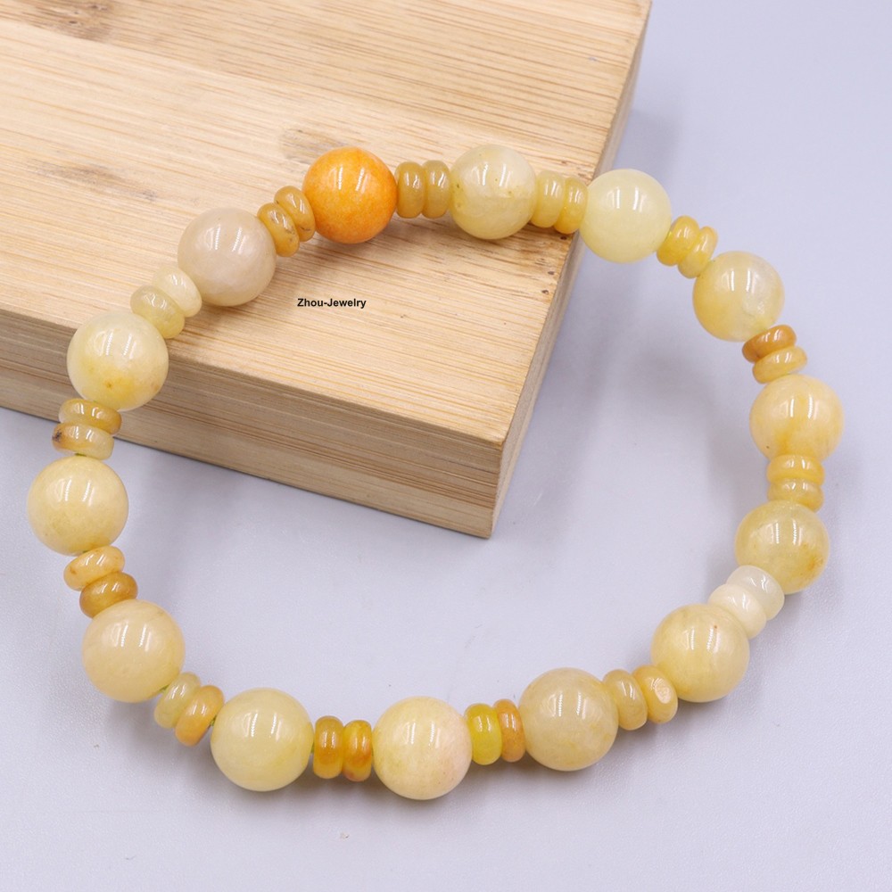 Natural Chinese Yellow Jade 10mm Bead Handmade Elastic Bracelet For Women