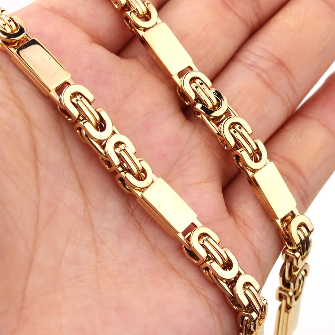 Mens Chain Stainless Steel 18K Gold Tone Byzantine Link Necklace Bracelet Set