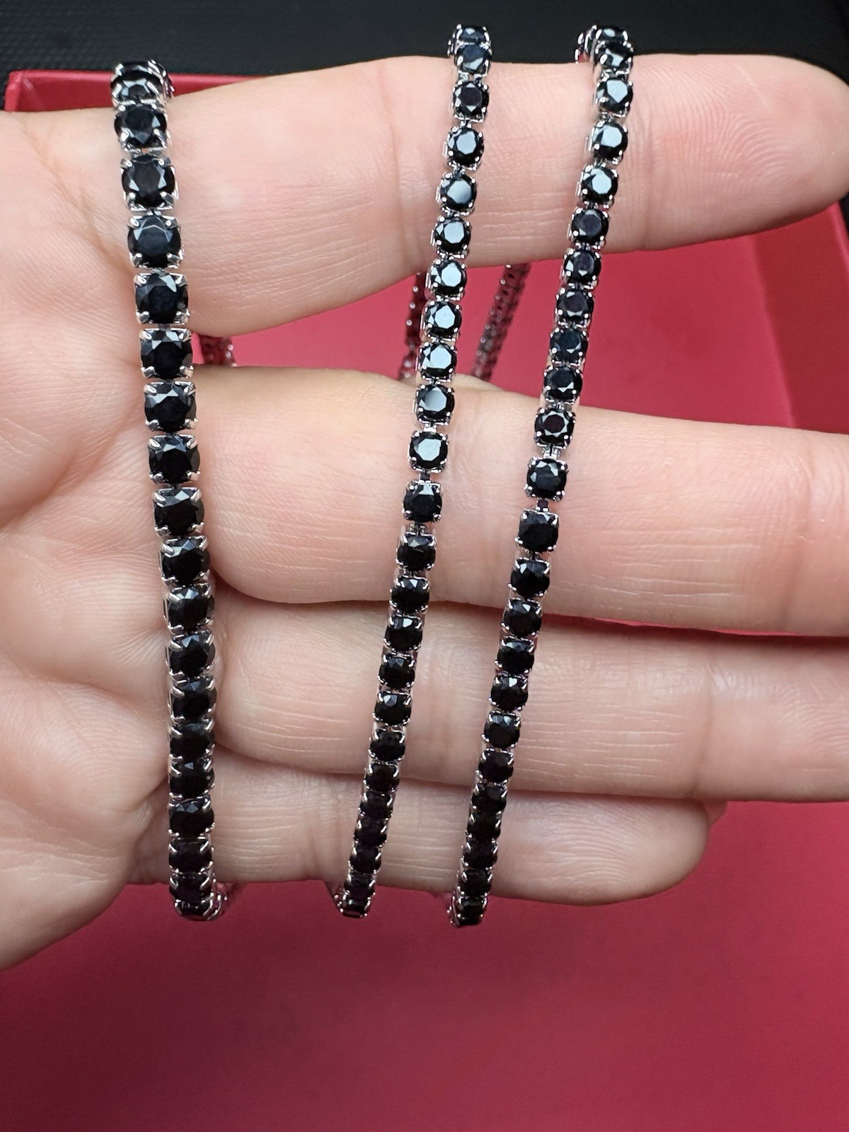 Silver-Tone Black Round Crystal Tennis Chain Necklace Prong Set Lobster Clasp