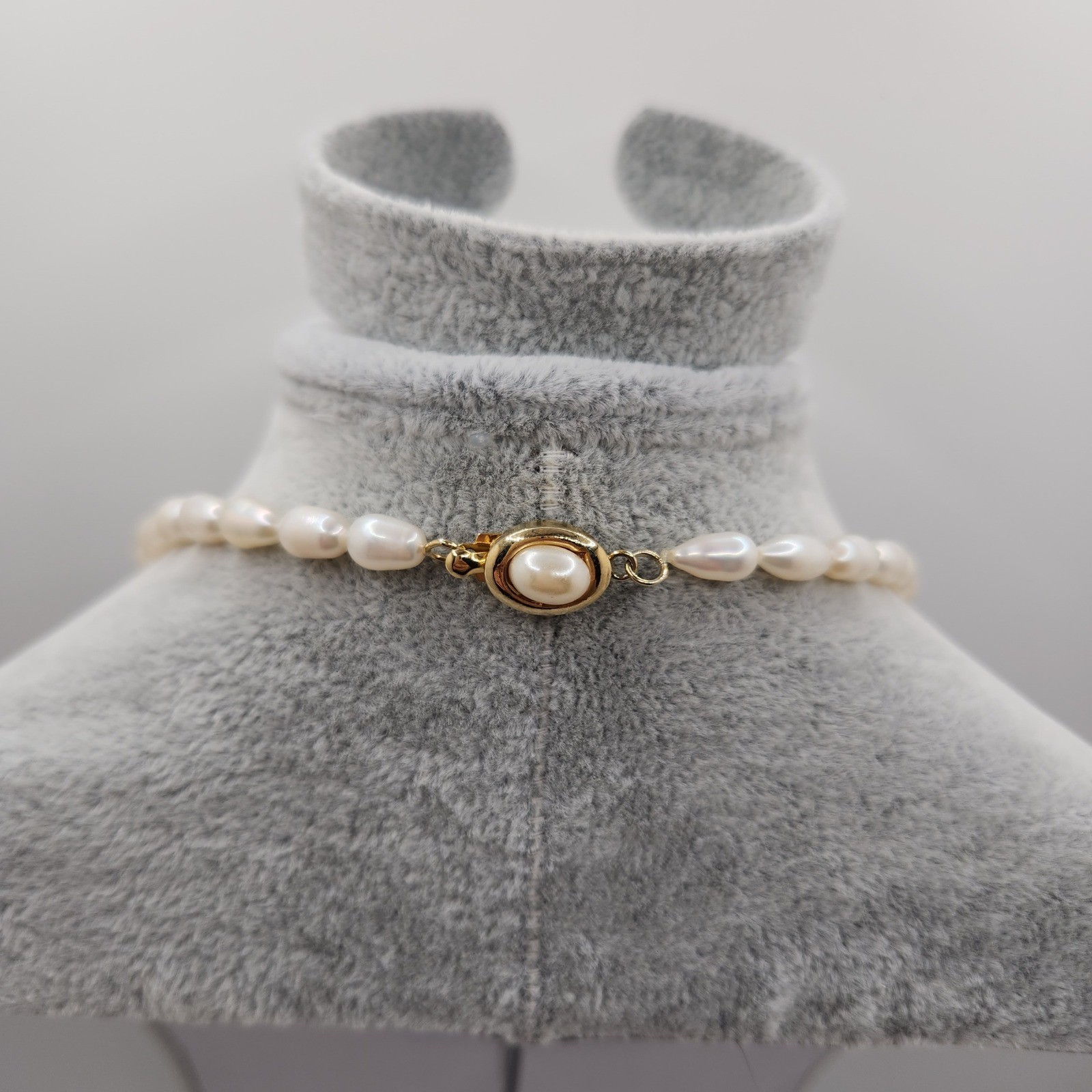 Vintage Cultured Pearl Necklace 16 Inch Rice Pearl Gold Tone Box Clasp White