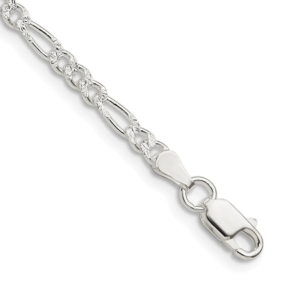 Sterling Silver 3mm Pavé Flat Figaro Chain Bracelet 7″-8″