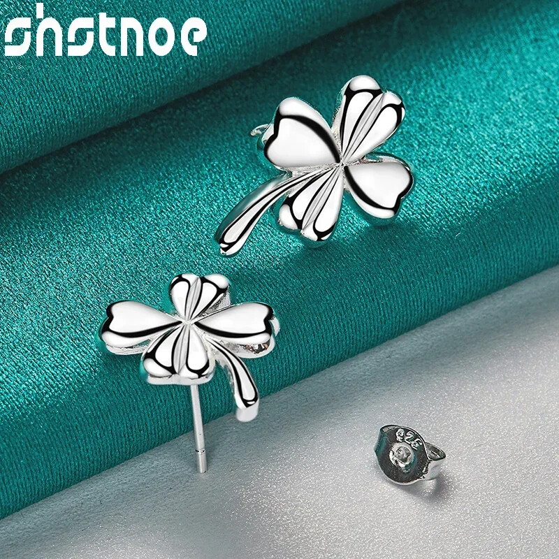 SHSTONE 925 Sterling Silver Earrings Lucky Clover Stud Earrings Fashion Jewelry