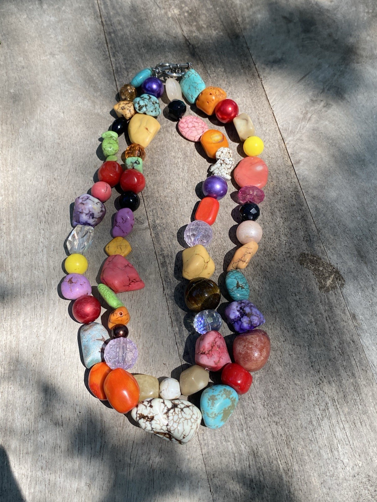 Multistrand Multicolor Mixed Stone Beaded Statement Necklace, Toggle, 24 in