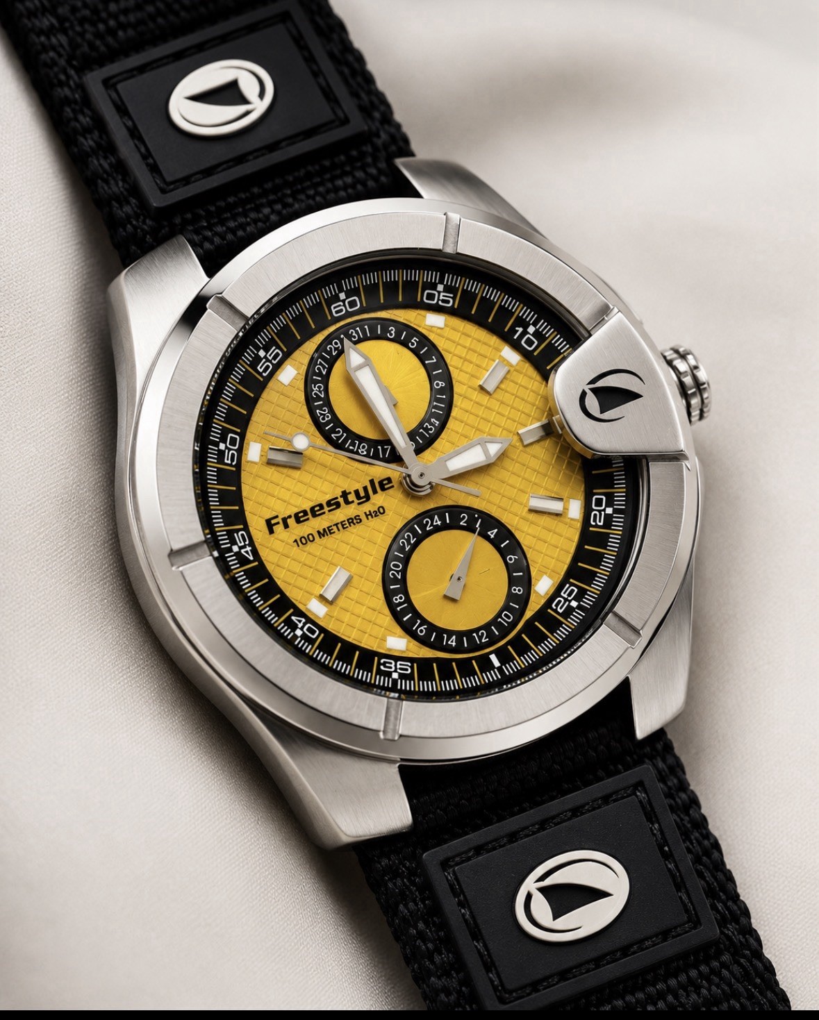 Freestyle Vortex Quartz 100m Yellow Dial SS Case Black Nylon Strap 44mm