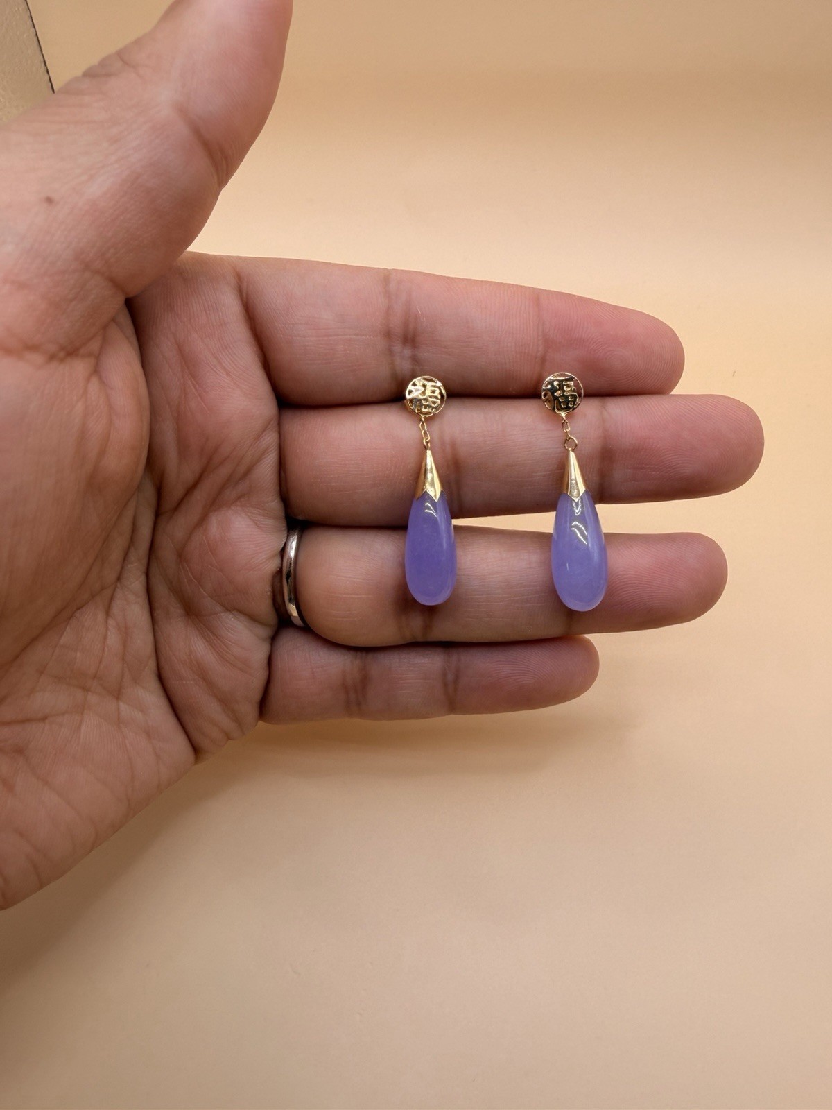 14k Yellow Gold Lavander Jade Earrings.