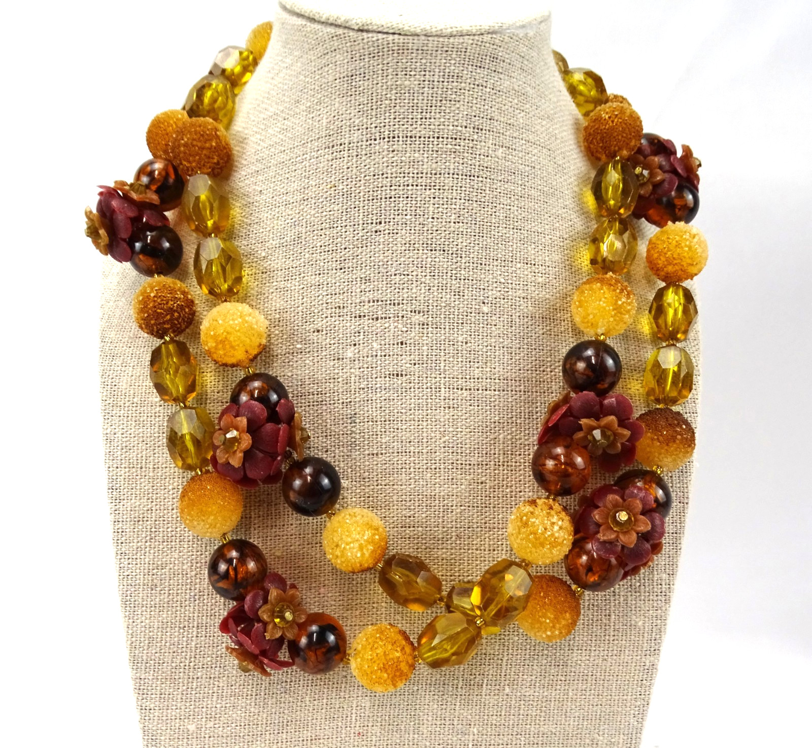 Vintage 34” Statement Necklace, Sugar-coated & Floral Beads, Brown, Honey +