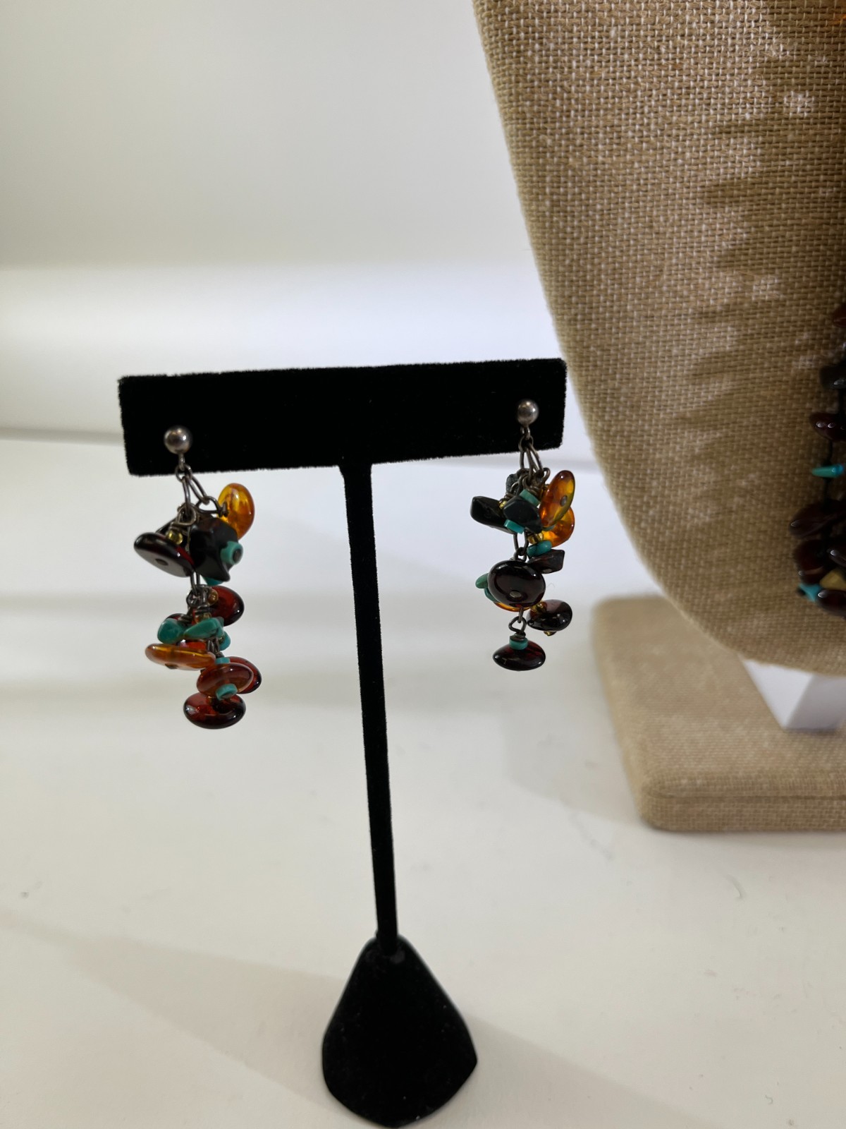 VTG Amber & Turquoise Nugget Chunky Beaded Stone Necklace 32″ Earrings Set DS51