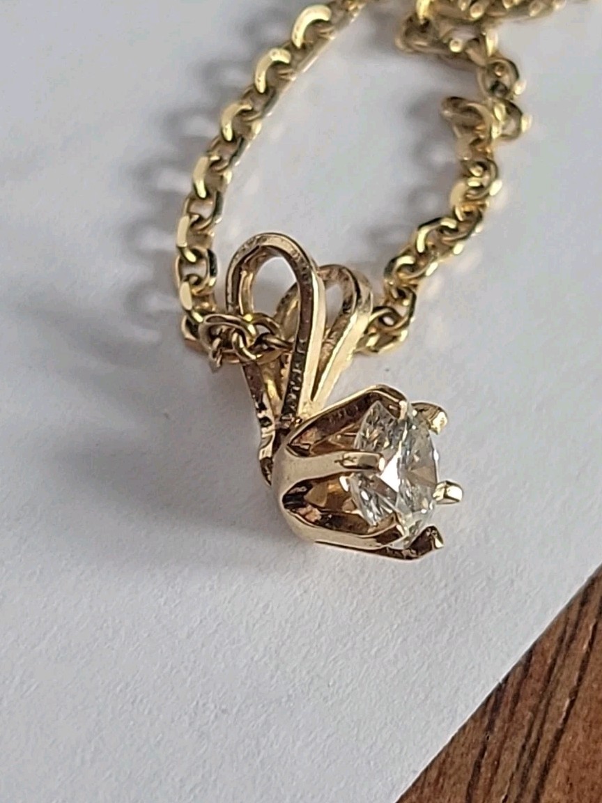 14K Yellow Gold 20″ Cable Link Chain & ~0.36ct Natural Solitaire Diamond Pendant