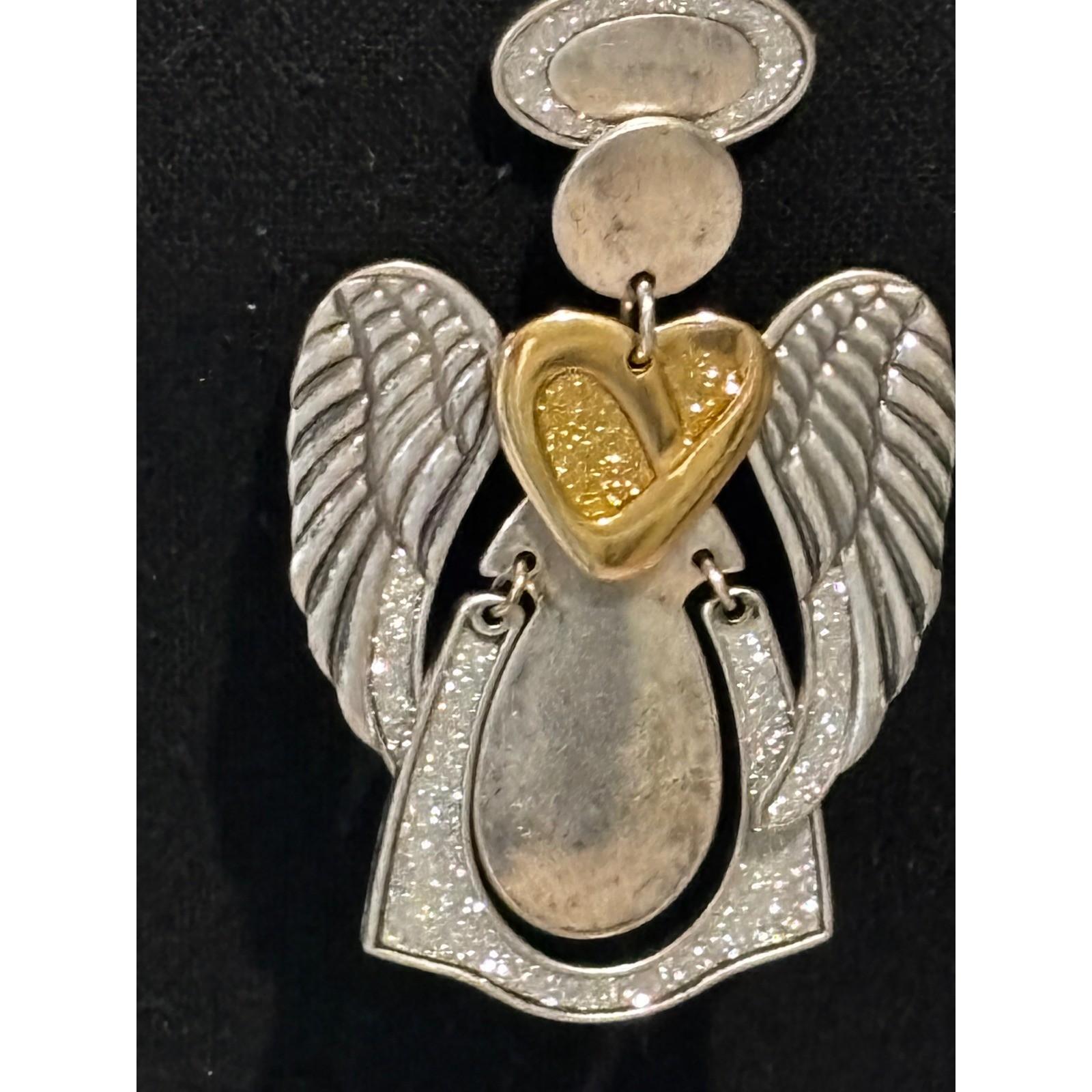 Mixed Metal Articulated Angel Heart Pendant Necklace Silver Gold Tone Holy Boho