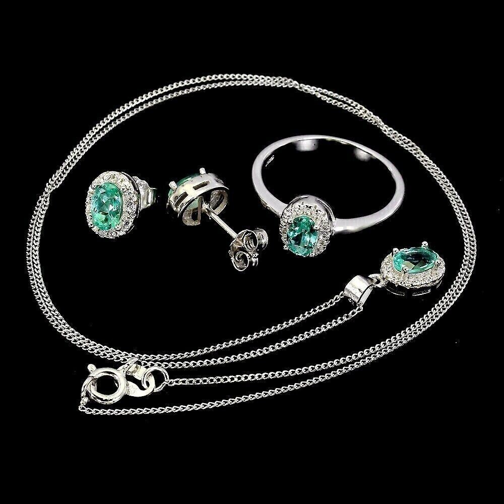 Silver Apatite Earring Necklace Ring Natural Gems Solid Sterling Size P.5 US 8