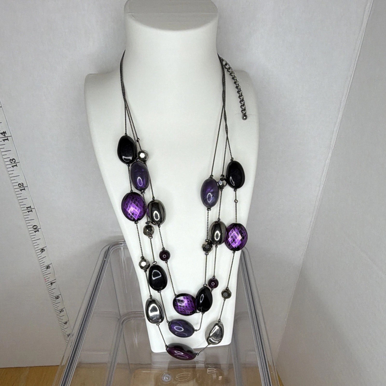 New York and Company necklace, multi strand, gun metal and purple iridescent