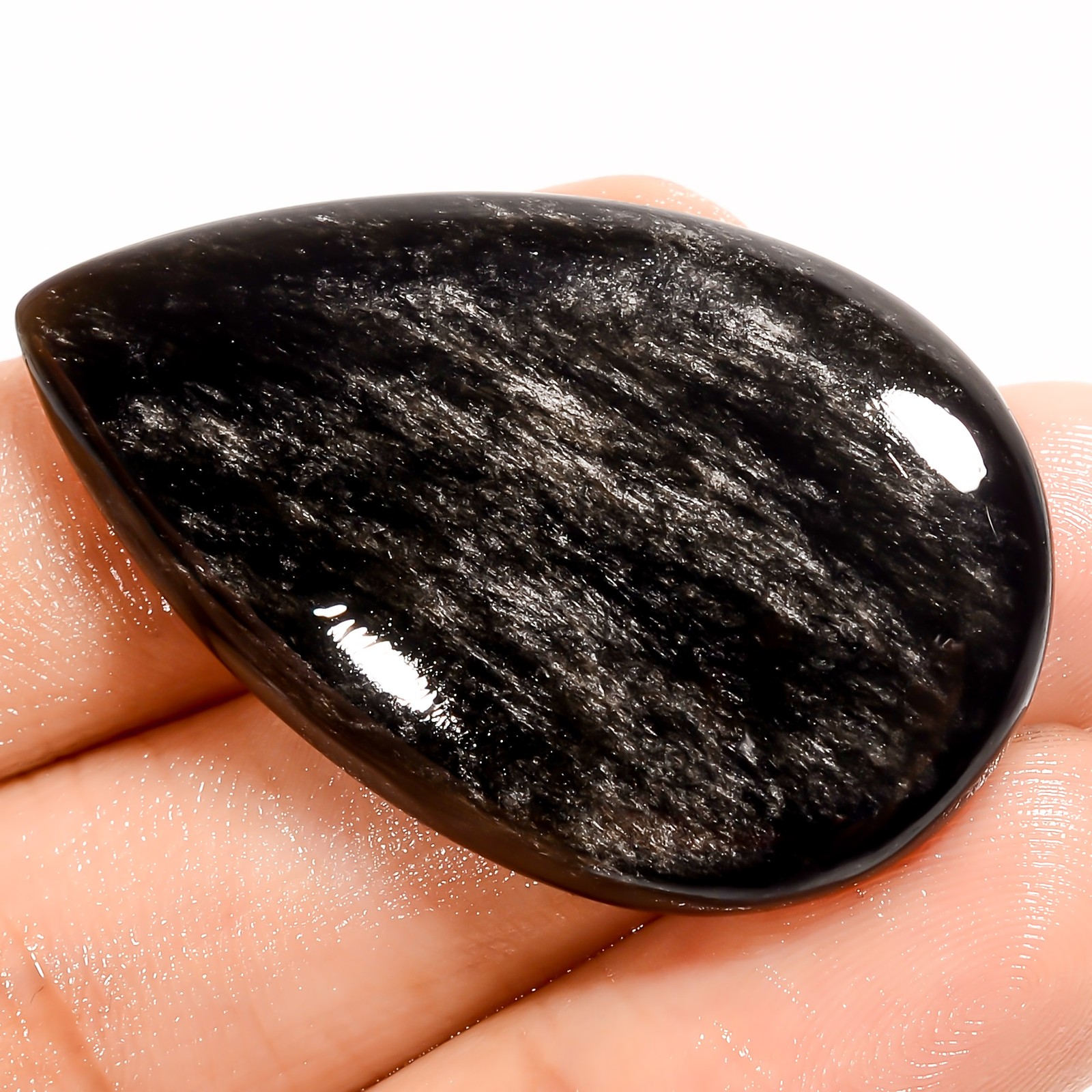 Natural Silver Sheen Obsidian Pear Cabochon Gemstone 37 Ct. 40X24X5 mm GC-42181