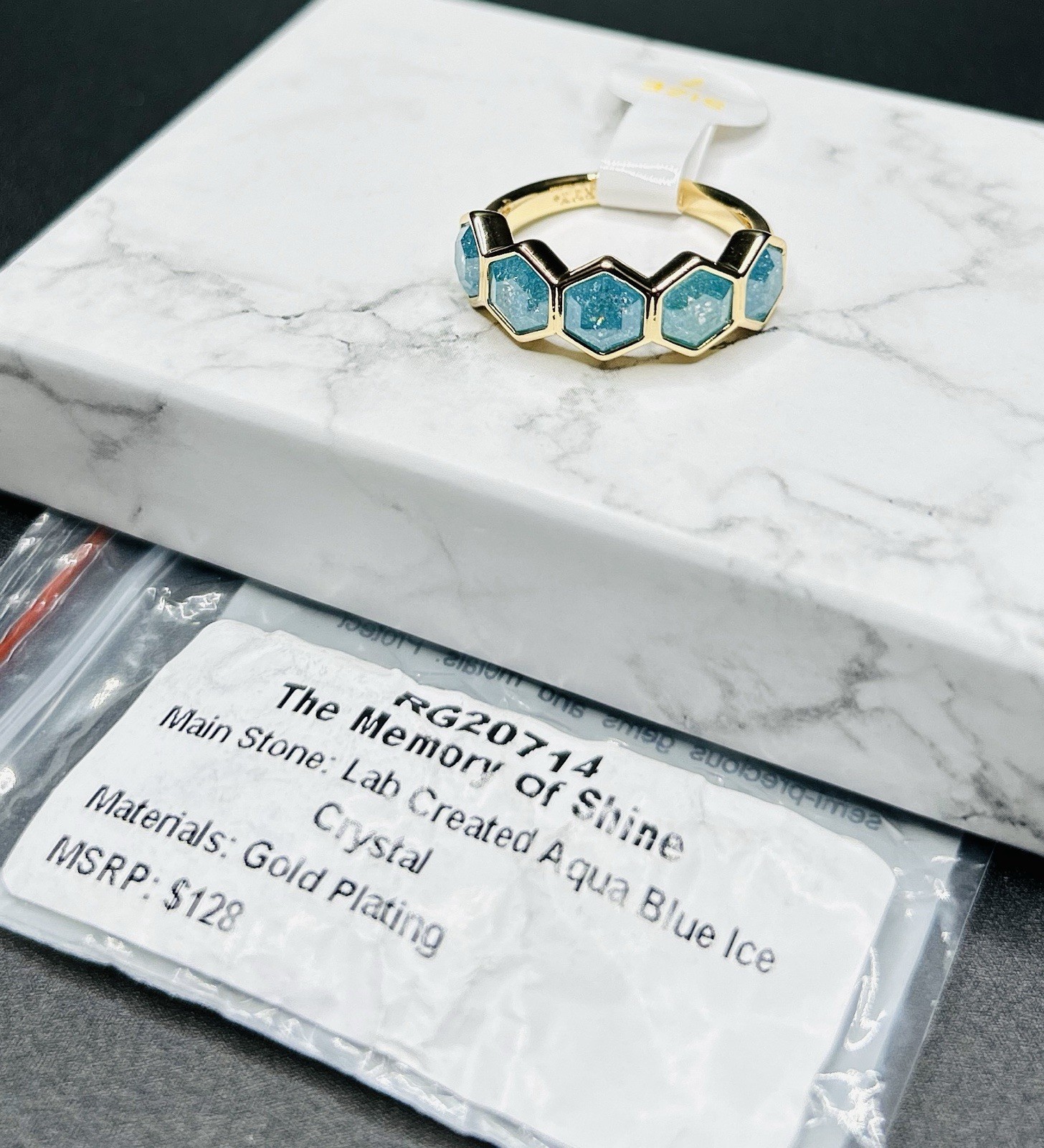 Bomb Party Ring Sz 7 RG20714 ‘The Memory Of Shine’ LC Aqua Blue Ice Crystal Gold