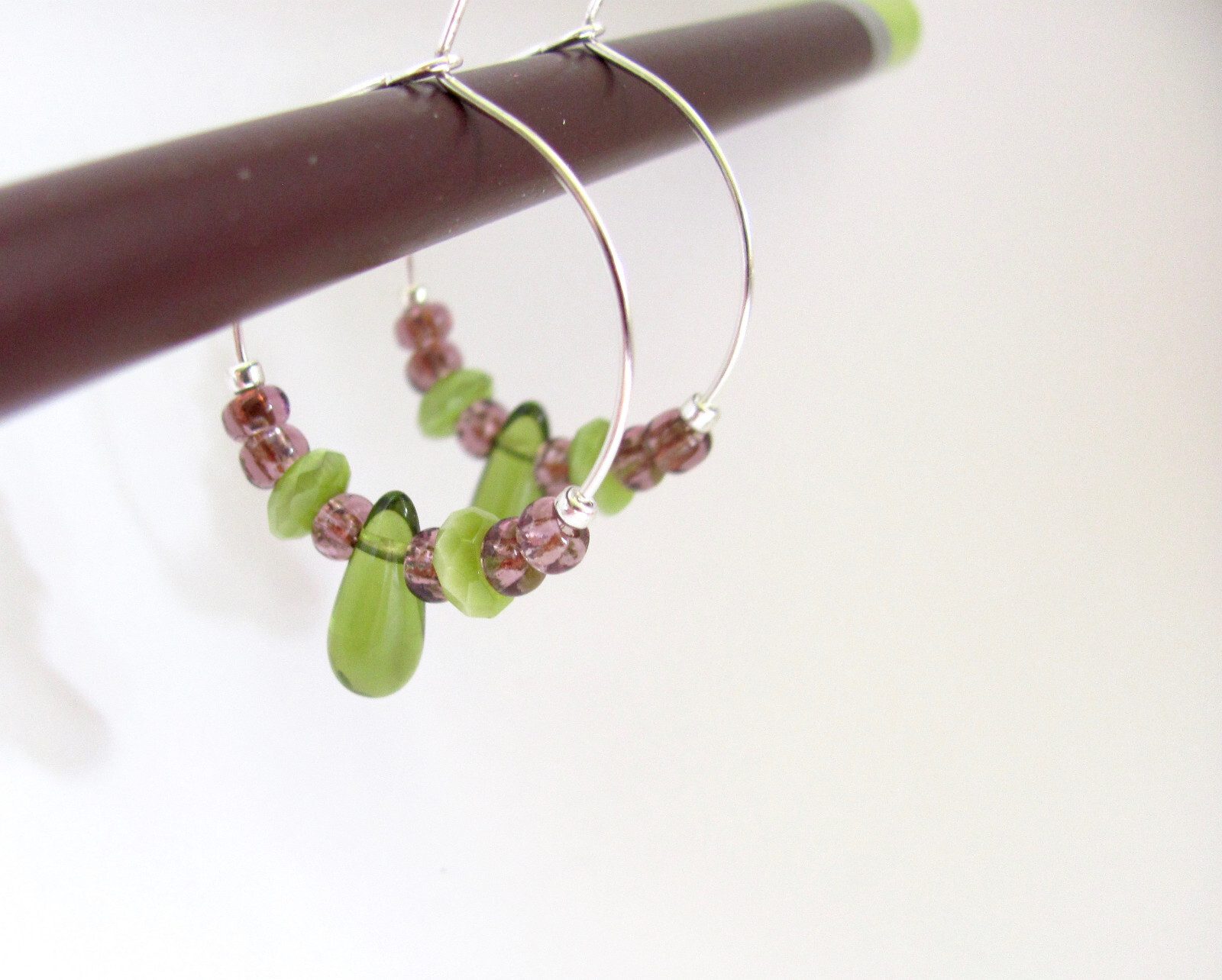 Hoop Earrings Boho Beaded Green Purple Silver Plate Hawaii Beads Czech Glass