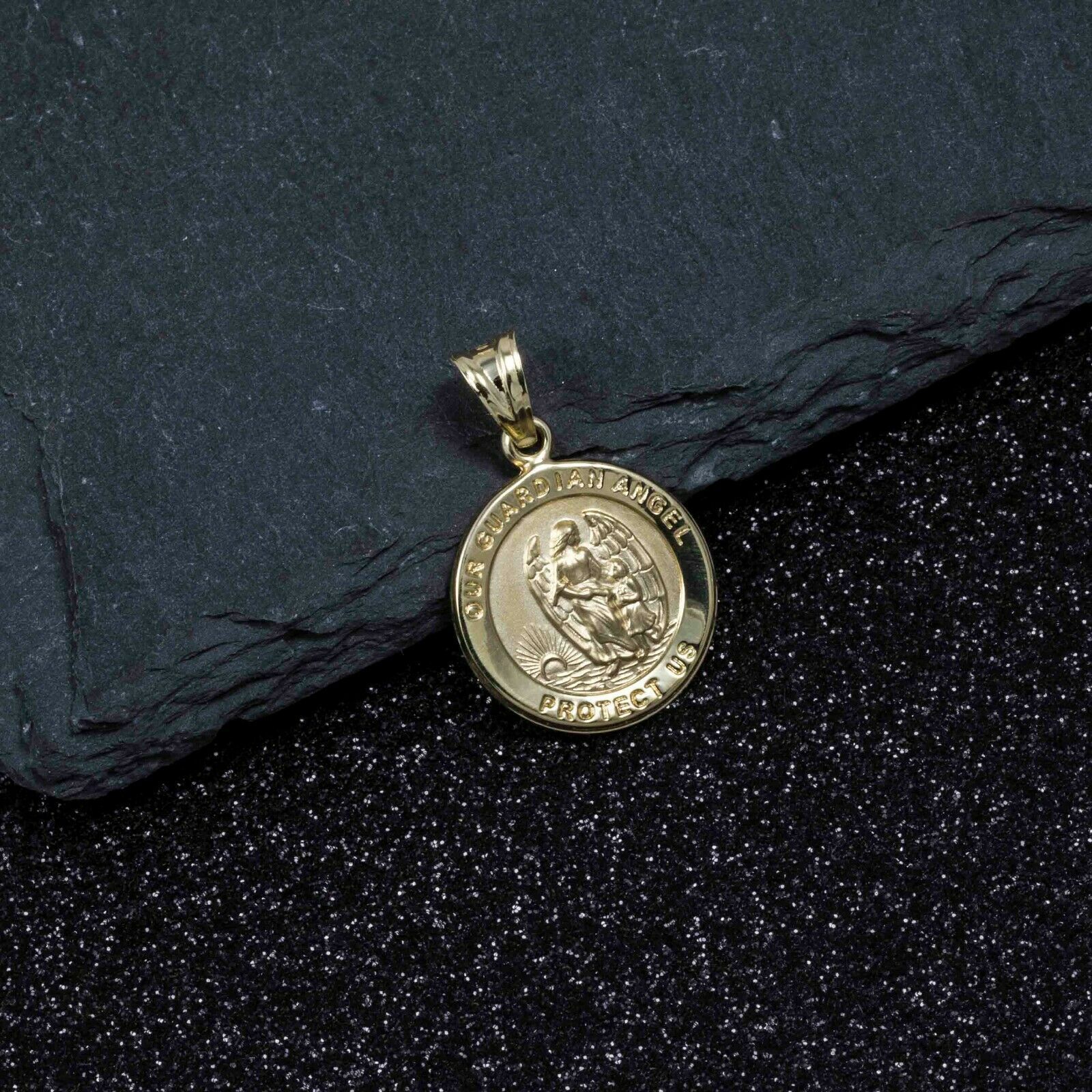 1″ Textured Guardian Angel Medallion Pendant Real 10K Yellow Gold