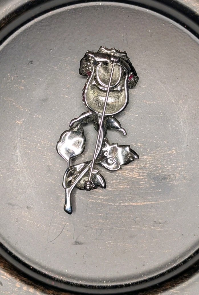 Retired Swarovski Rose Flower Pin Silver Tone Pink & Green Rhinestone Metal