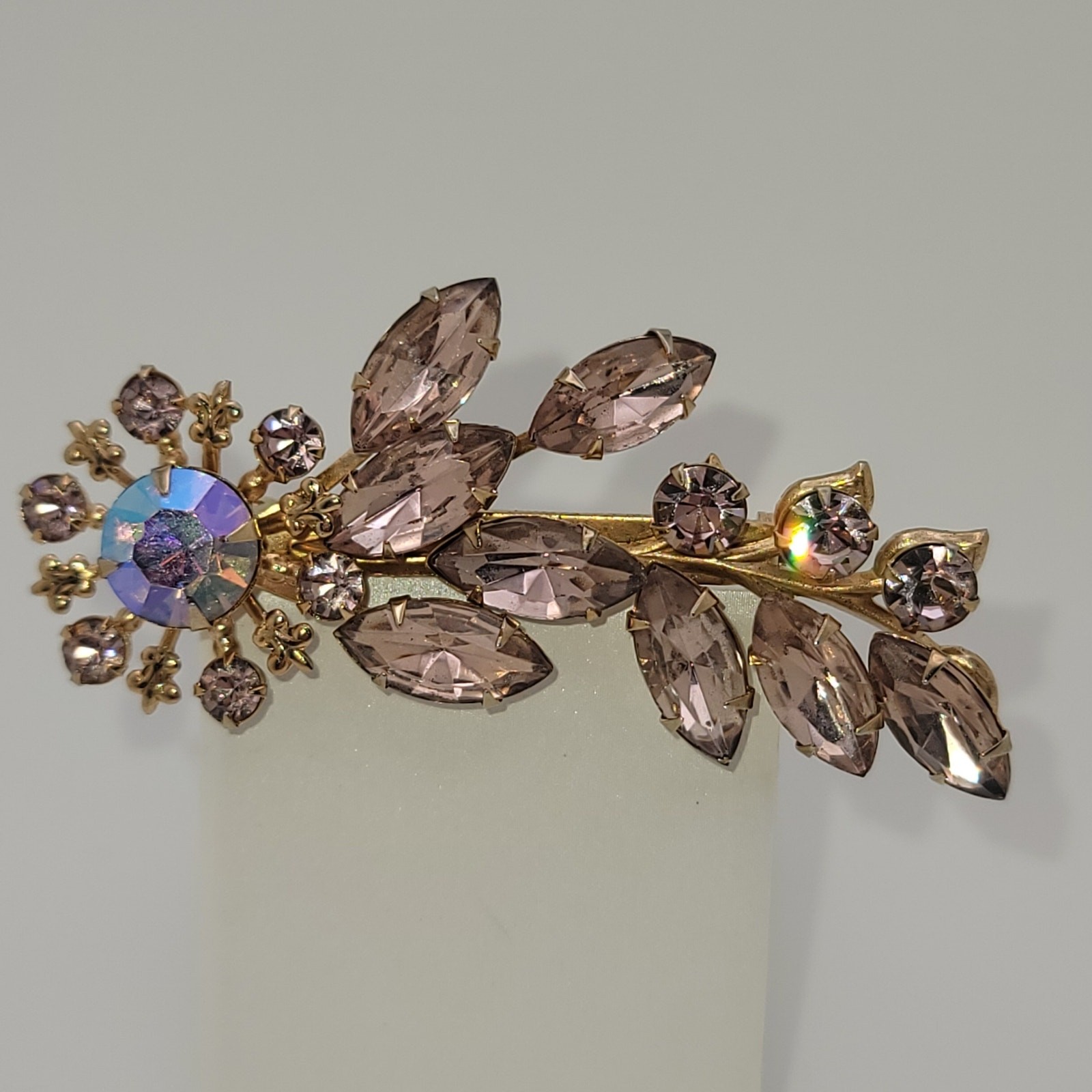 Vintage Lavender Rhinestone Floral Brooch Central Aurora Borealis Stone