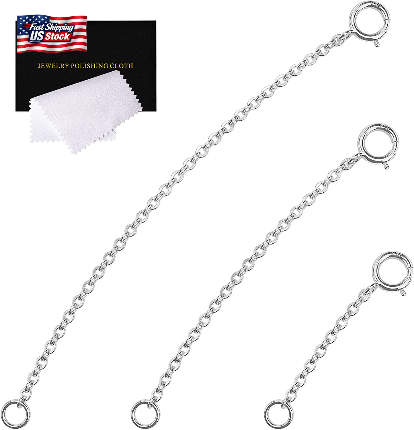 3 Pcs 925 Sterling Silver Necklace Extender Silver Chain Extenders for Necklaces