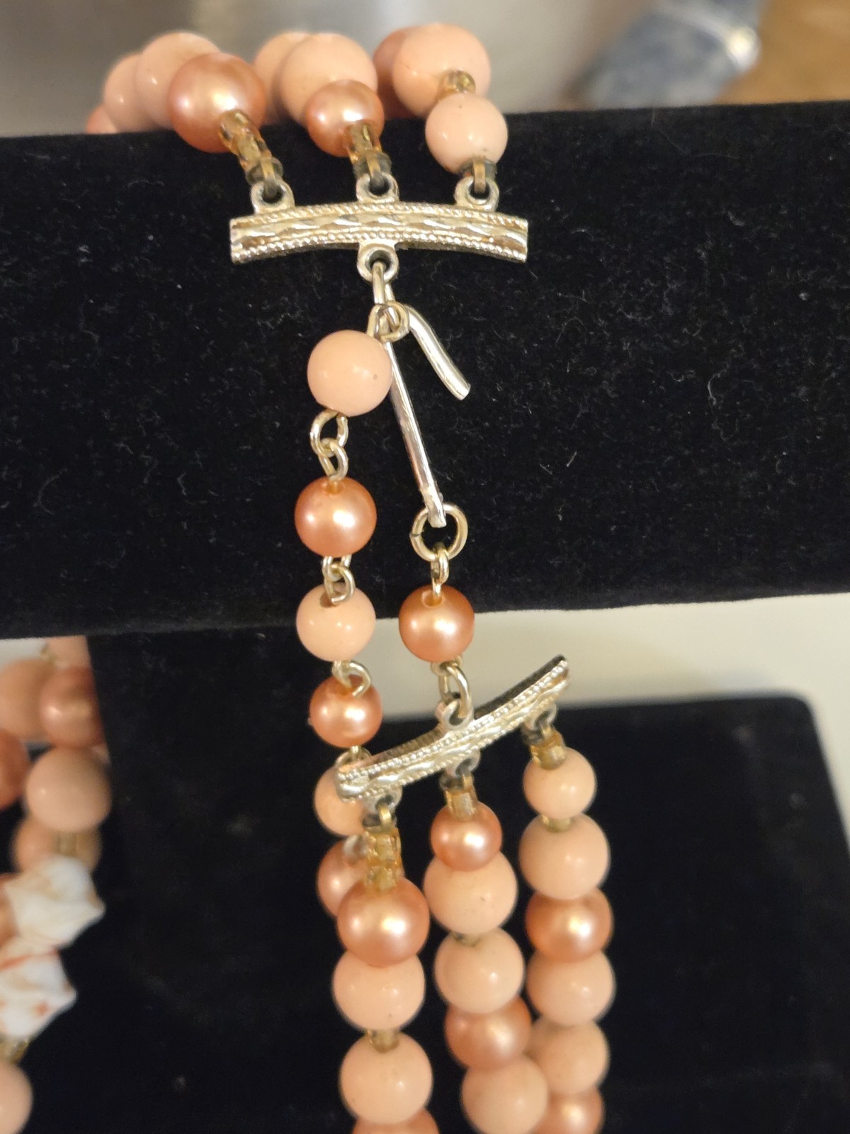 Vintage Japan Triple Strand Bead Necklace with Gold Tone Peach & Cream 19 In