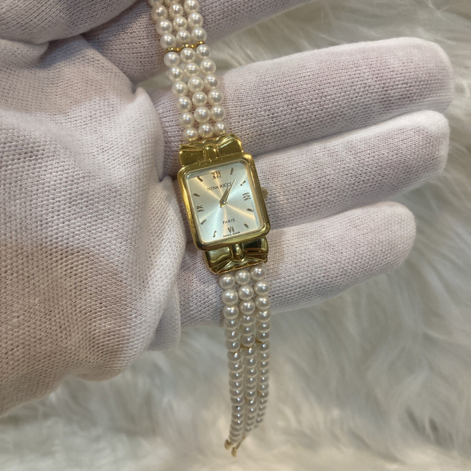 Nina Ricci Ladies Pearl Bracelet Watch Akoya S950 Quartz Battery Replaced 16cm