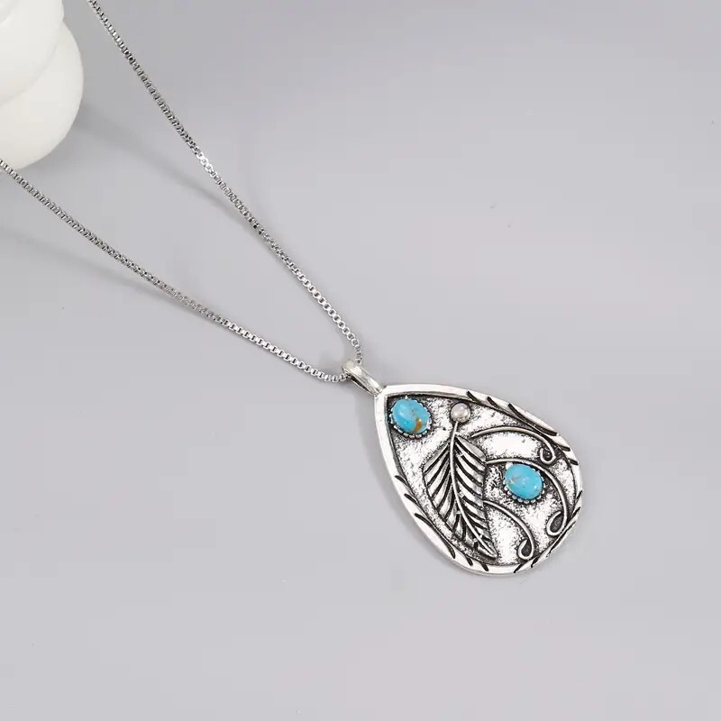 Silver Plated Water Drop Pendant Leaf Shape Pattern Pendant Necklace