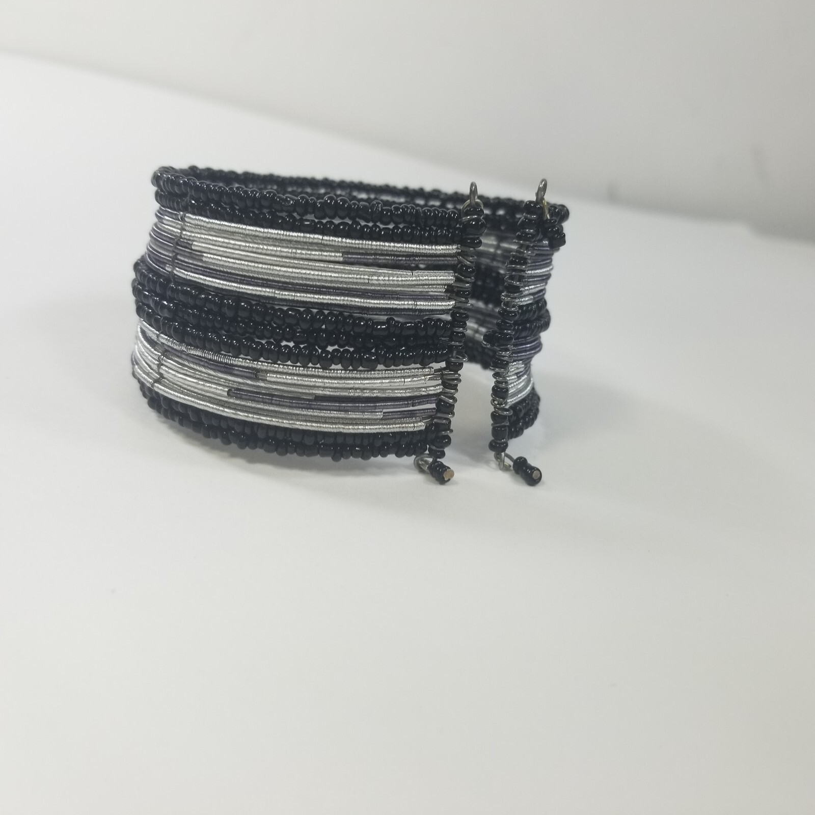 Beaded Wrap Cuff Bracelet Silver Tone Black Seed Beads, Flexible Fit, 1.5″ wide