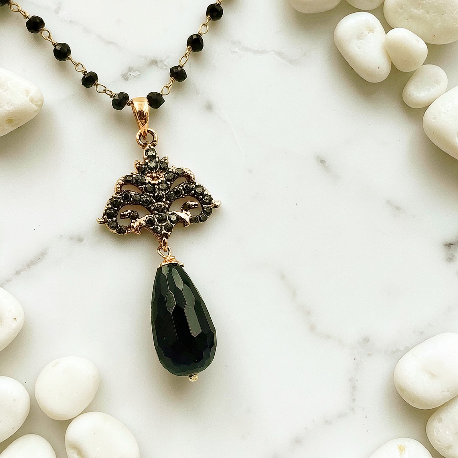Victorian Pink Silver Pendant with Black Spinels and Handmade Onyx