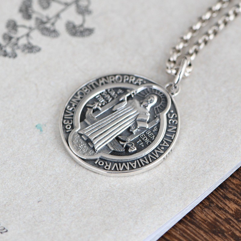 S925 Sterling Silver ST BENEDICT MEDAL Cross Pendant RELIGIOUS Protective Amulet
