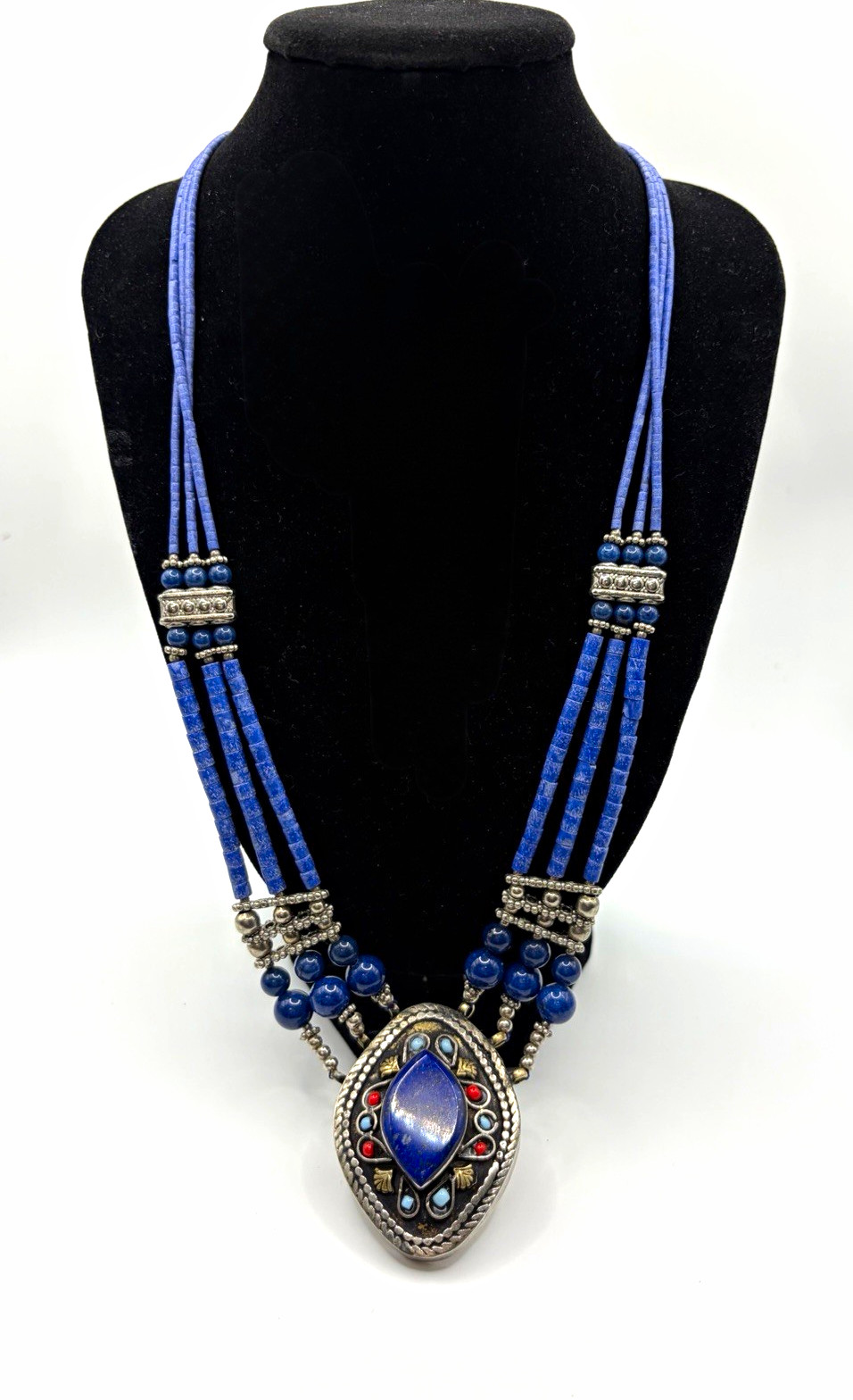 Vintage Afghan Turkmen Tribal Necklace- Lapis Lazuli Statement multi strand