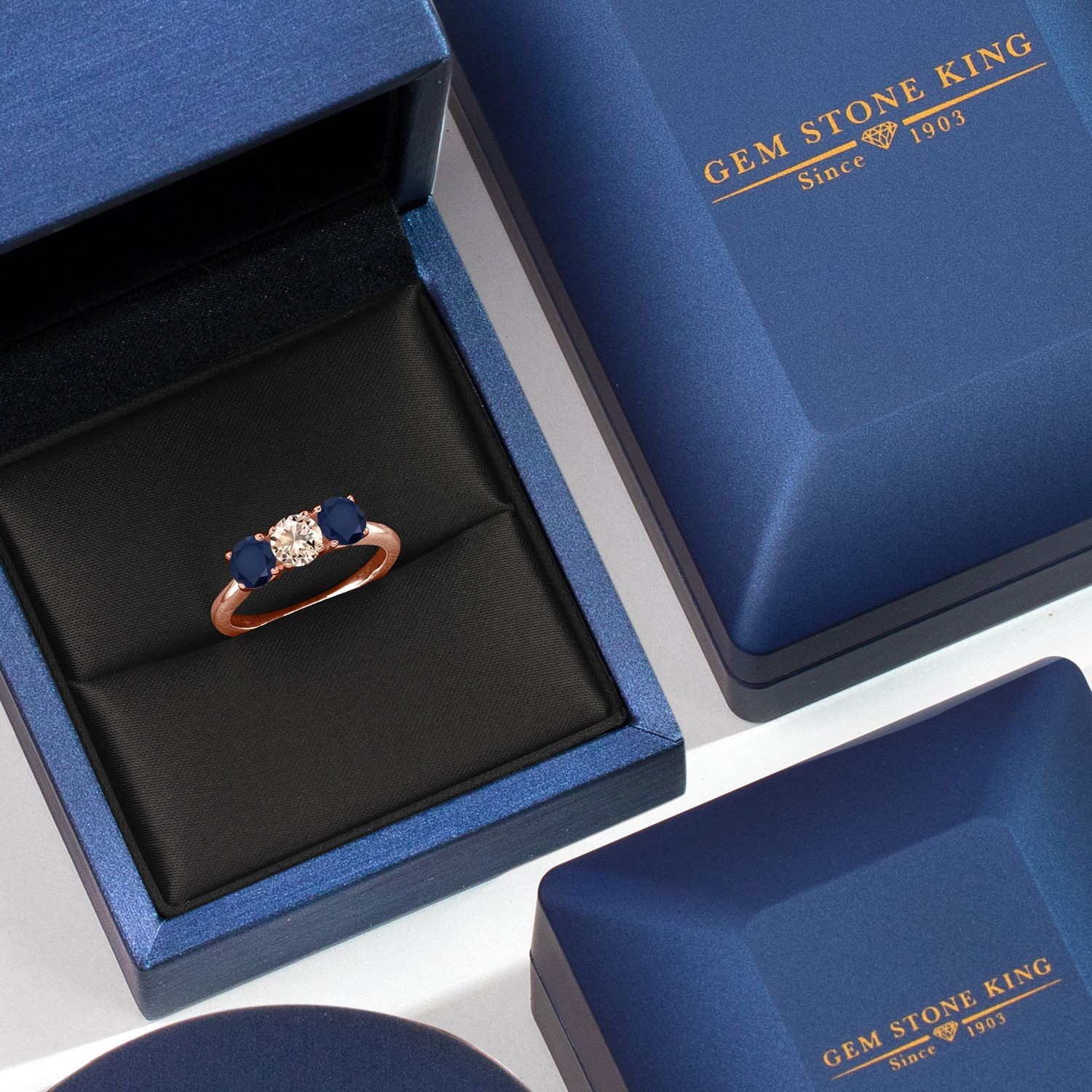 18K Rose Gold Plated Silver Peach Morganite and Sapphire Engagement Ring For