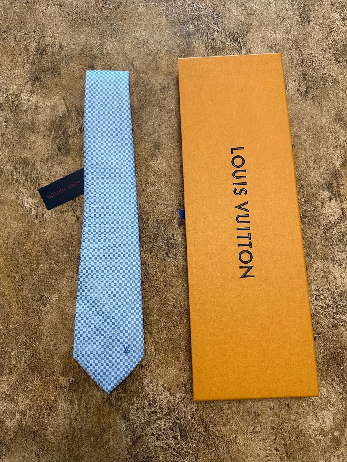 Authentic Louis Vuitton 100% Silk Micro Damier Tie Silver Blue NWT