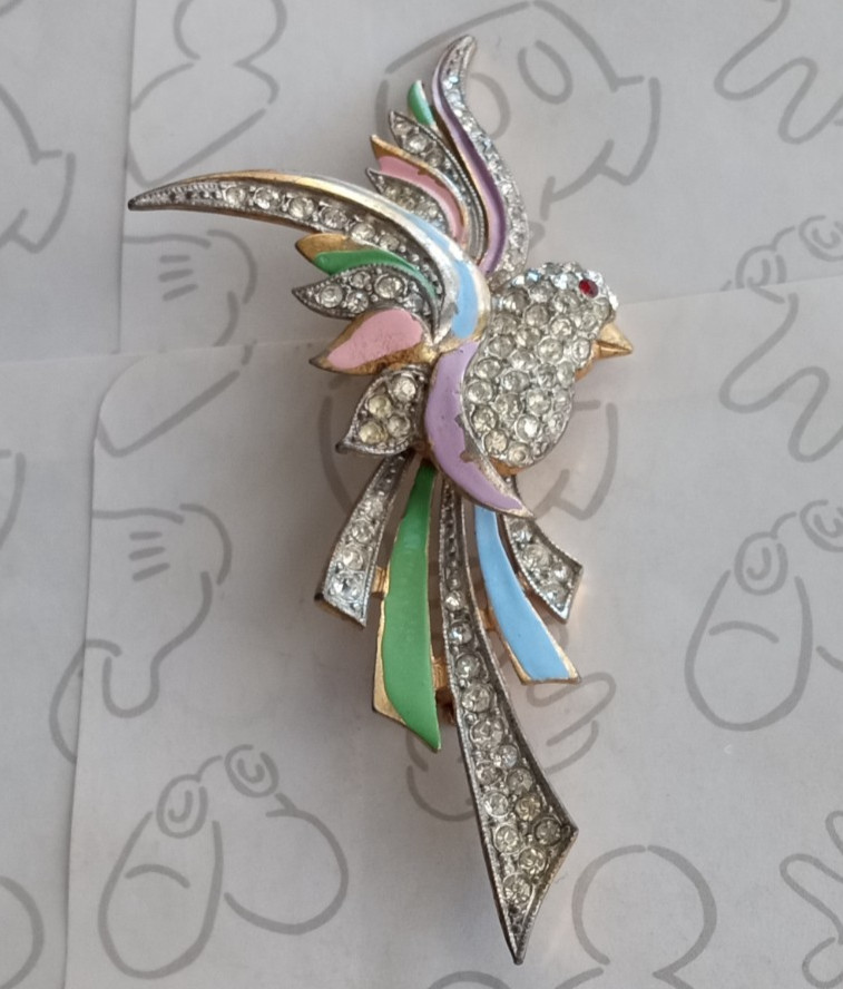 Bird of Paradise Brooch Rhinestone Gold Tone Pink Green Blue Vintage Pin