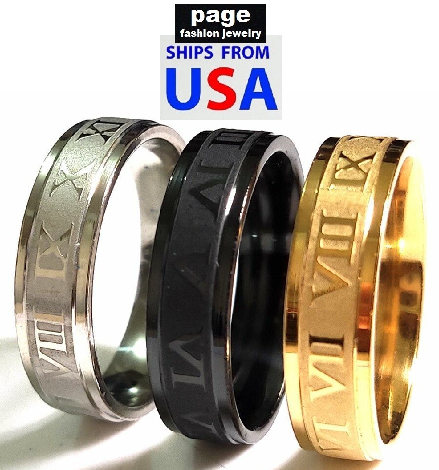 Roman Numerals Gold/Silver/Black Stainless Steel 6mm Wedding Ring Size 6.5 – 11