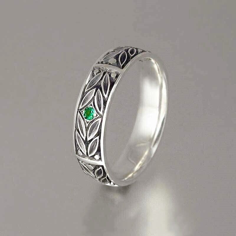 Retro Leaf Vintage Antique Band 1Ct CZ Elegant Unisex Promise Ring Silver Plated