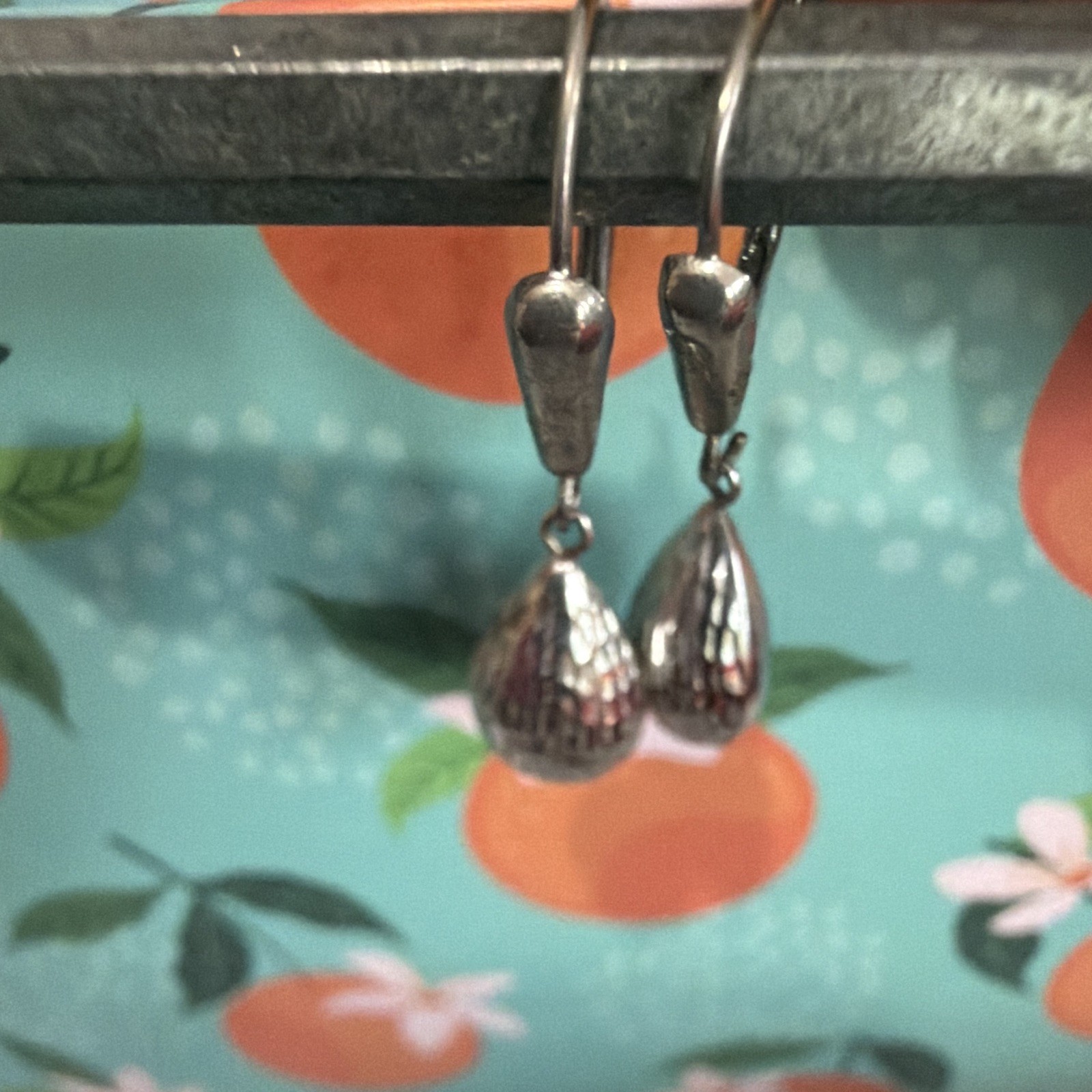 14K White Gold Teardrop Dangle/Drop Leverback Earrings No Stone Signed