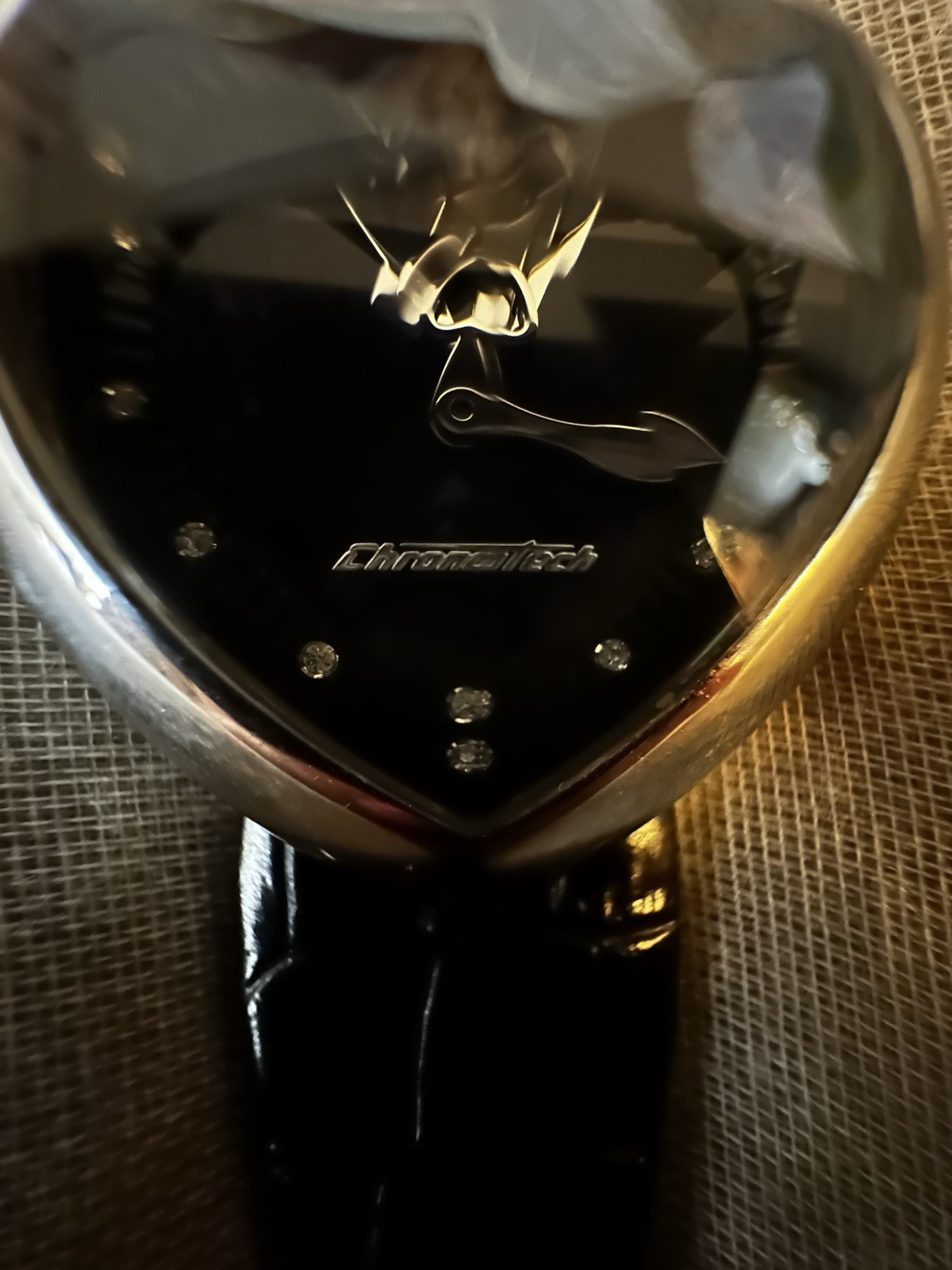 CHRONOTECH WOMEN HEART SHAPED PRISM LOVE BLACK LEATHER BAND WATCH NWOB