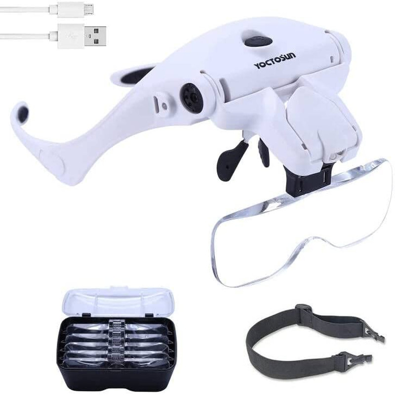 LED Head Magnifier with 5 Interchangeable Lenses and Rechargeable Light