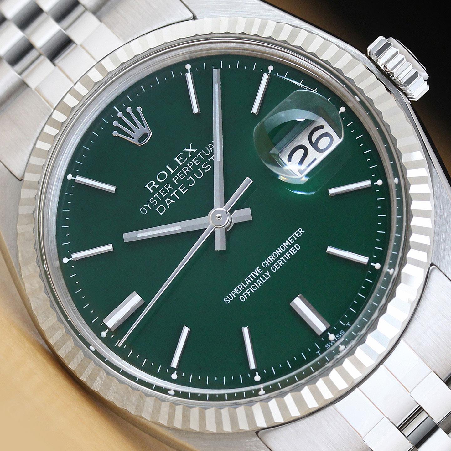 ROLEX MENS DATEJUST GREEN DIAL 18K WHITE GOLD STEEL WATCH w/ JUBILEE BRACELET