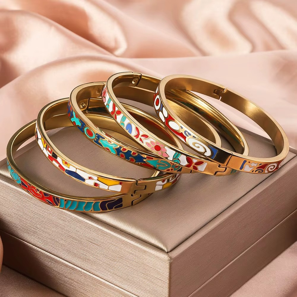 Stainless Steel Enamel Cuff Bangle Women Gold Tone Geometric Round Jewelry
