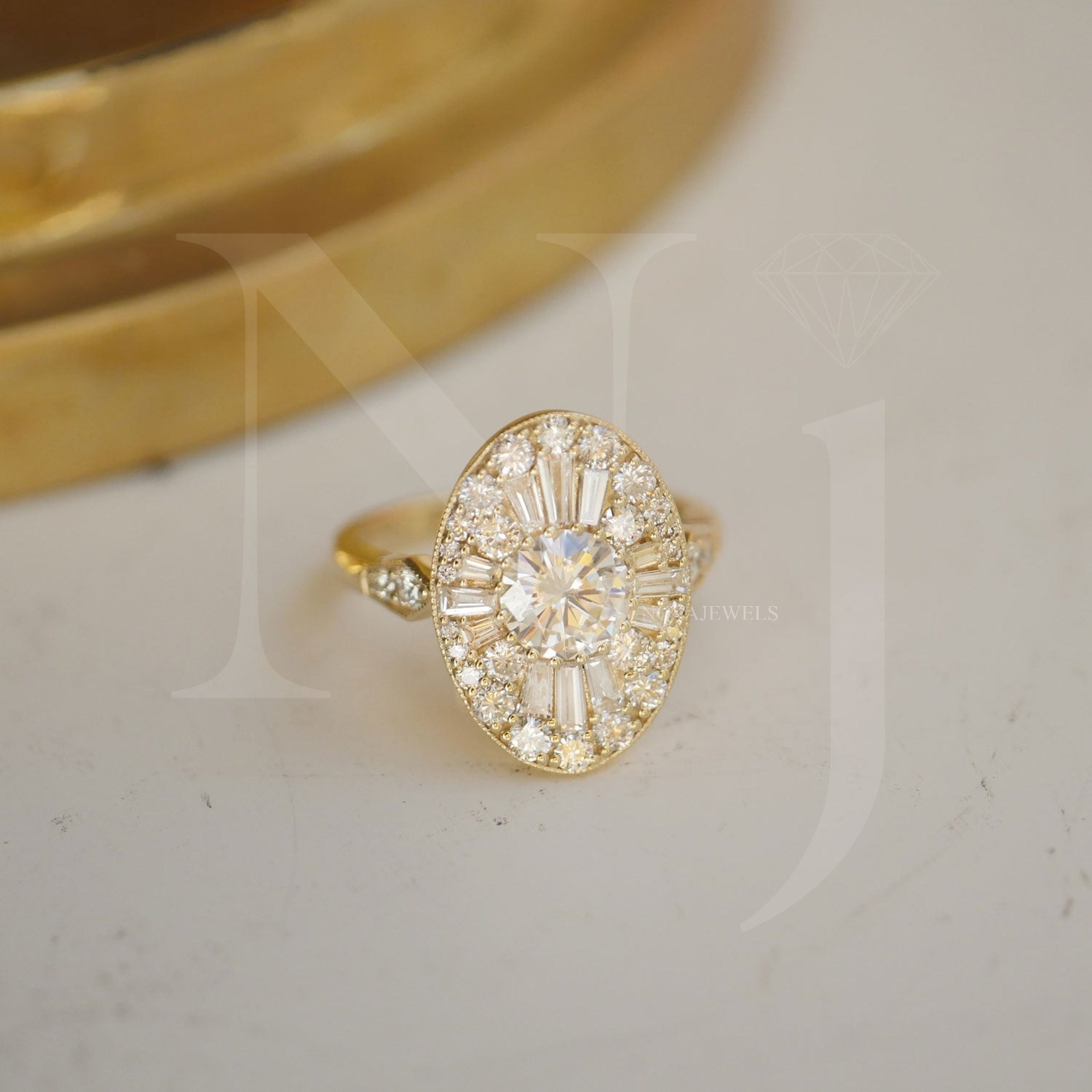 1 CT Round Cut Halo Moissanite Engagement Ring 14K Yellow Gold Plated For Women