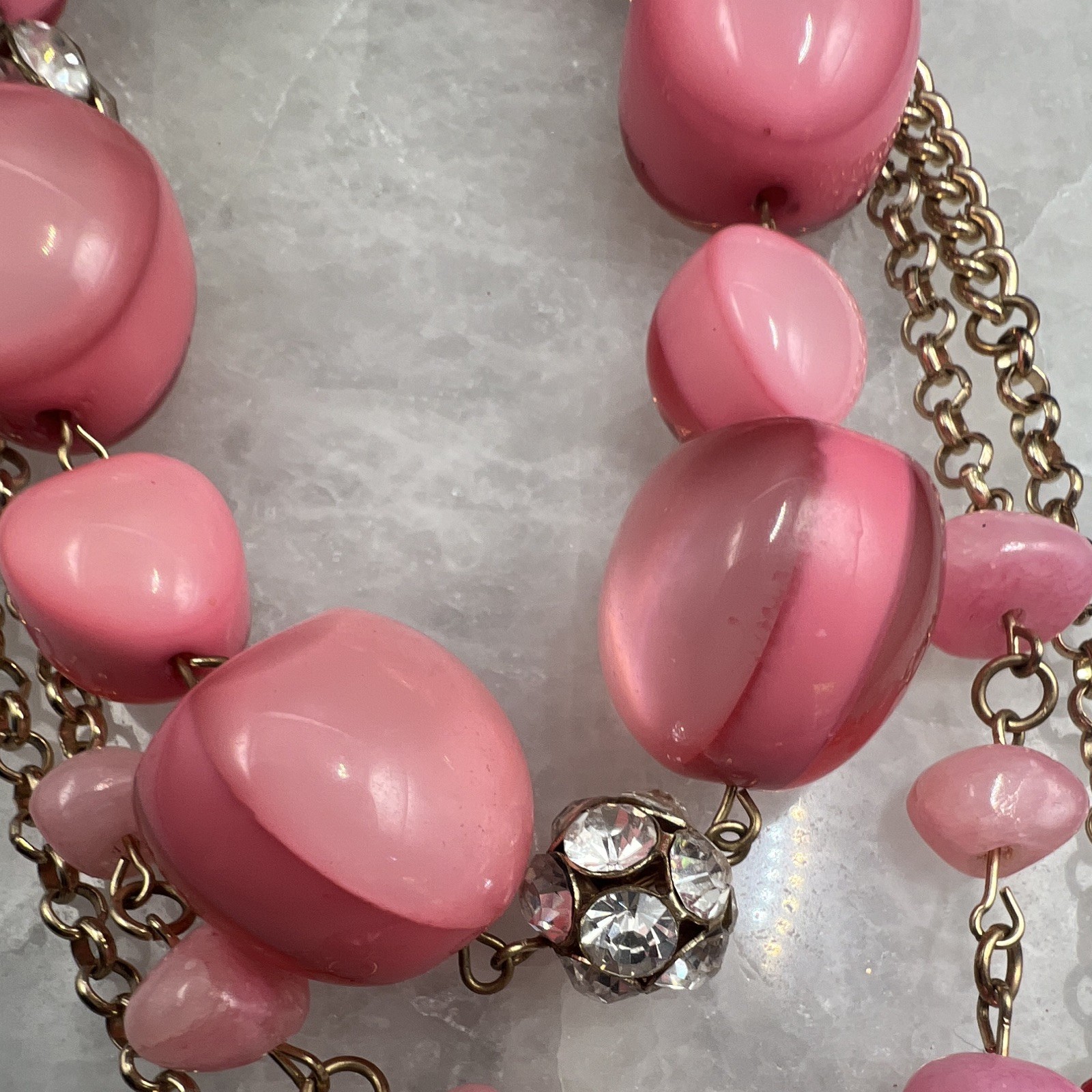 Pink Multi-Strand Beaded Cable Chain Necklace, Clear Crystal Pavé, Gold Tone