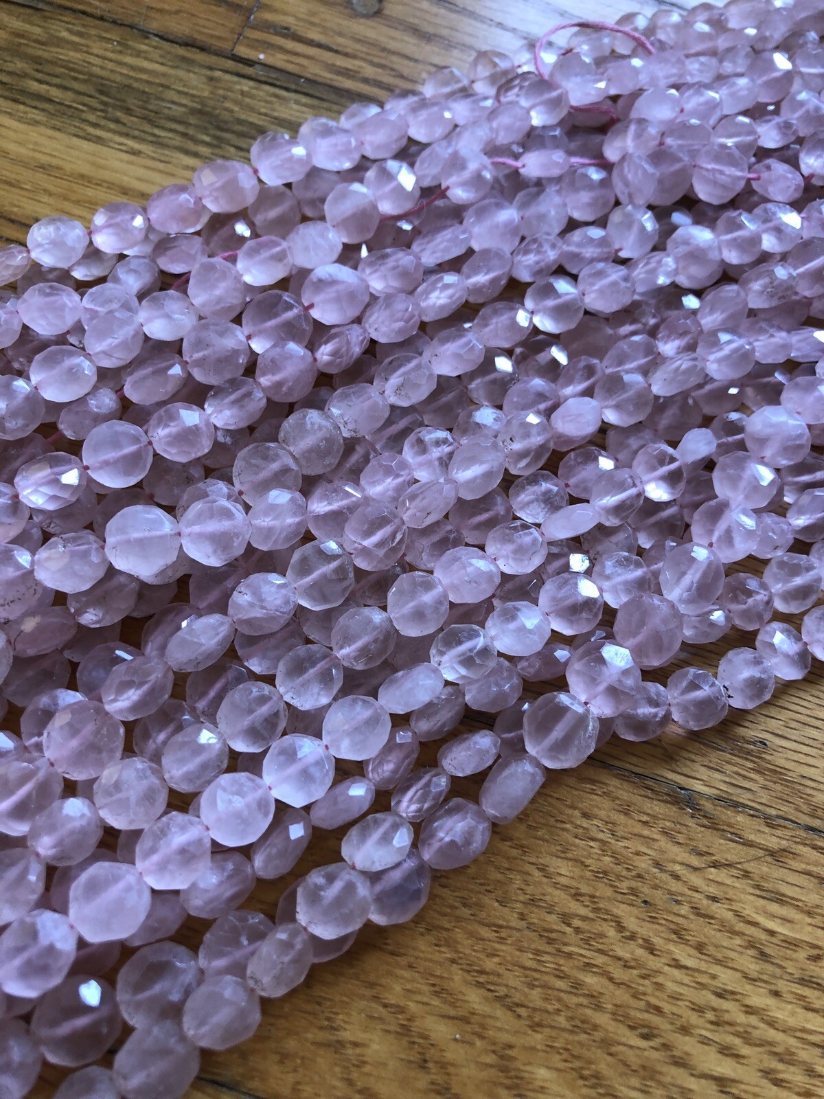 Old Stock 14 In Strand Natural Rose Quartz Gemstone Faceted Coin Pink Beads 8mm